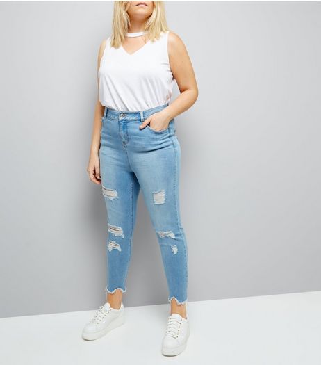 Curves Pale Blue Distressed Skinny Jeans | New Look
