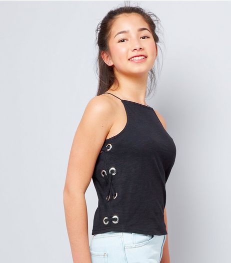 Teens Black Lace Up Side Cami Top | New Look