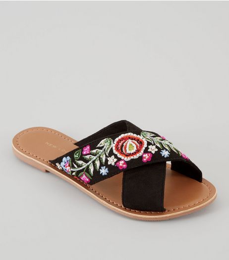 Wide Fit Black Suedette Floral Embellished Mules | New Look