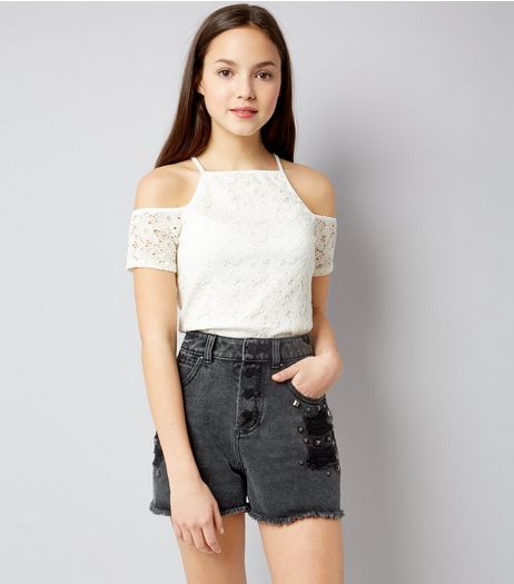 Teens Cream Lace Cold Shoulder Top | New Look
