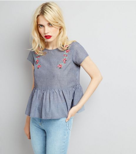 Blue Stripe Floral Embroidered Peplum Top | New Look