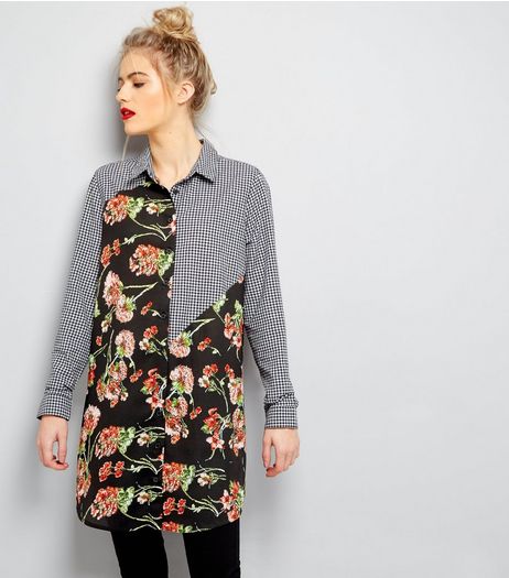Black Floral and Gingham Print Longline Shirt | New Look
