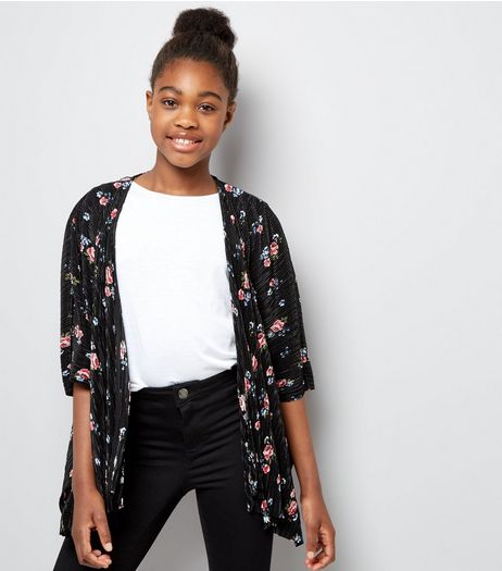Teens Black Floral Print Pleated Kimono | New Look