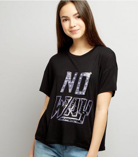 Teens Black No Way Sequin Embellished Cropped T-Shirt | New Look
