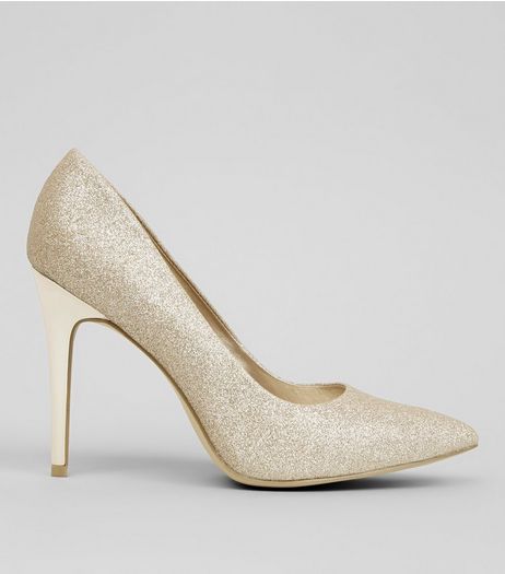 Wide Fit Gold Glitter Pointed Court Heels | New Look