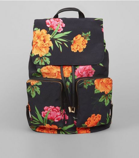 Black Tropical Floral Print Backpack | New Look