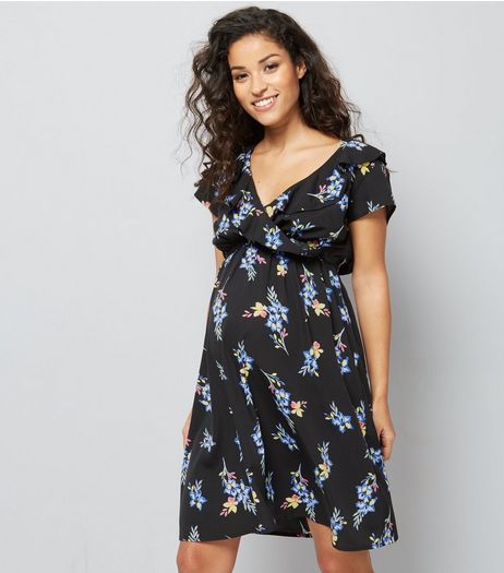 Maternity Black Floral Print Frill Wrap Front Dress | New Look