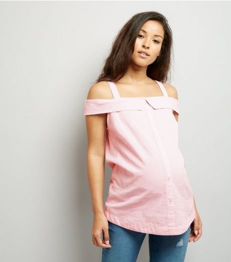 Maternity Pink Seersucker Stripe Cold Shoulder Top | New Look