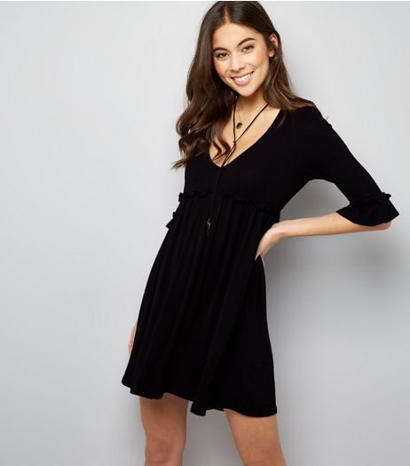 Blue Vanilla Black V Neck Frill Sleeve Tunic Dress | New Look