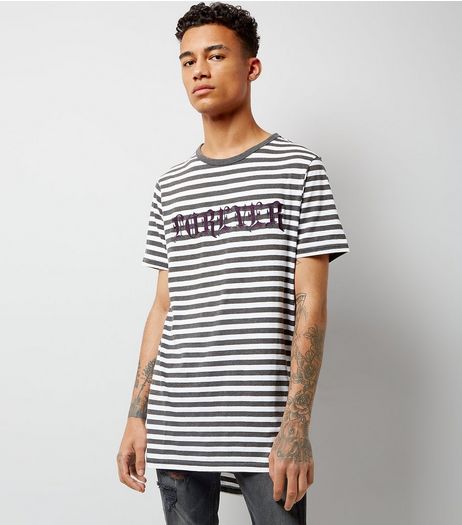 Grey Stripe Forever Embroidered Longline T-Shirt | New Look