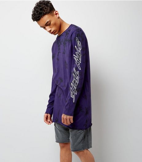 Dark Purple Tie Dye Stay True Print Longline T-Shirt | New Look
