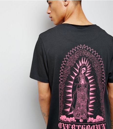 Black Overthrown Print Back Longline T-Shirt | New Look