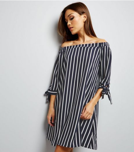 Blue Vanilla Navy Stripe Bardot Neck Tie Sleeve Tunic Dress | New Look