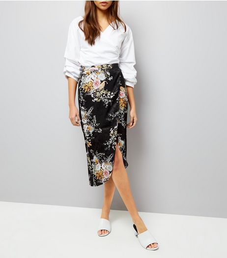Black Sateen Floral Print Wrap Pencil Skirt | New Look