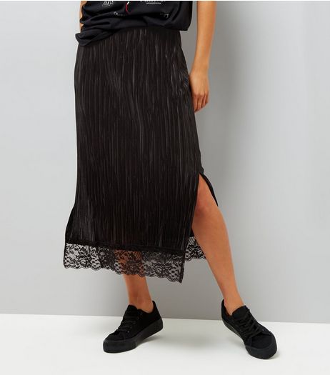 Black Pleated Lace Hem Midi Pencil Skirt | New Look