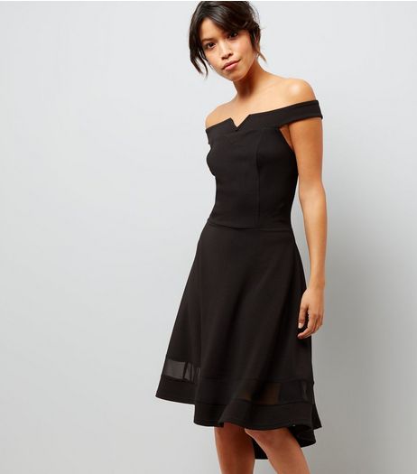 Tall Black Bardot Neck Mesh Panel Dip Hem Dress | New Look