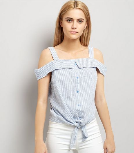 Tall Blue Stripe Seersucker Cold Shoulder Top | New Look