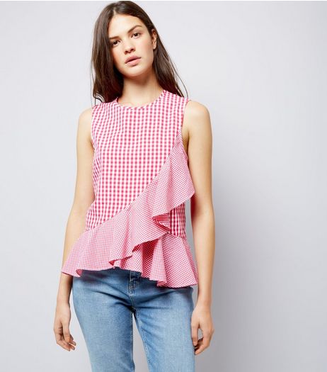 Tall Pink Gingham Asymmetric Frill Top | New Look