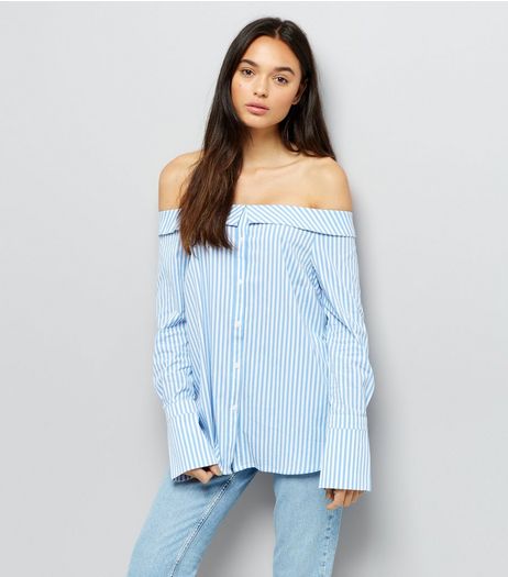 Tall Blue Stripe Bardot Neck Shirt | New Look