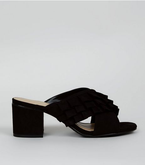 Wide Fit Black Frill Strap Heeled Mules | New Look