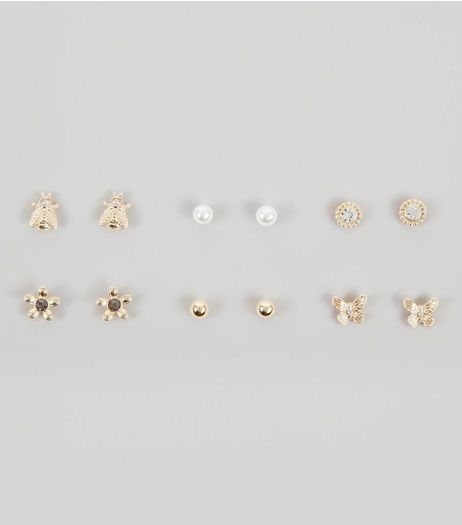6 Pack Gold Bug and Pearl Stud Earrings | New Look
