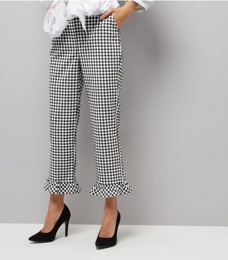 Black Gingham Frill Hem Slim Leg Cropped Trousers | New Look
