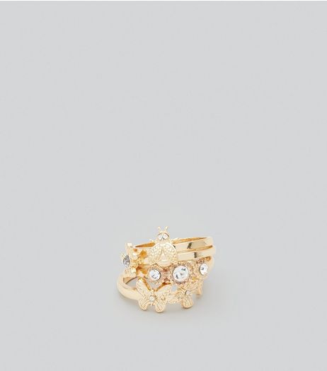 4 Pack Gold Bumble Bee Crystal Rings | New Look