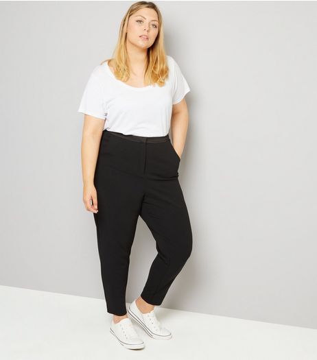Curves Black Satin Trim Suit Trousers | New Look