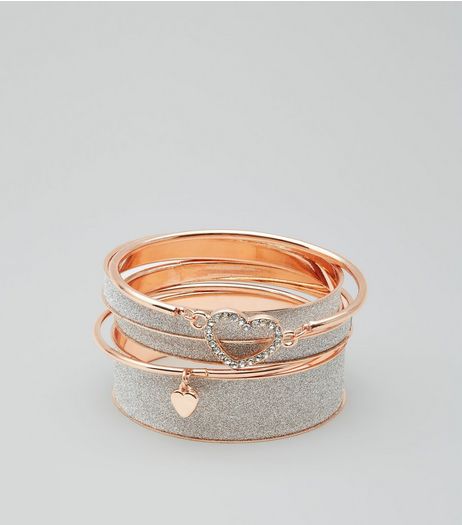 5 Pack Rose Gold Glitter Heart Bangles | New Look