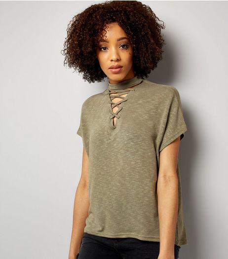 Olive Green Lattice Front Short Sleeve T-Shirt | New Look