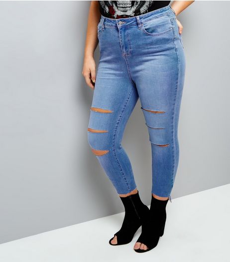 Curves Bright Blue Ripped Angled Hem Skinny Jeans | New Look