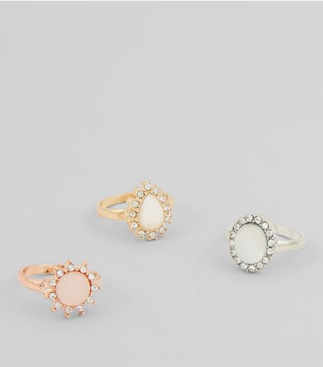 3 Pack Crystal Stone Set Rings | New Look