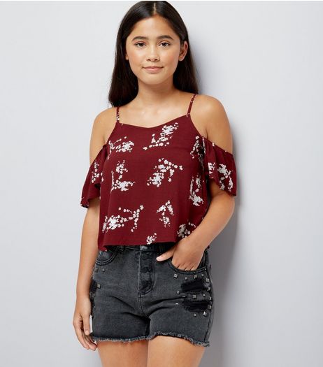 Teens Red Floral Print Cold Shoulder Top | New Look