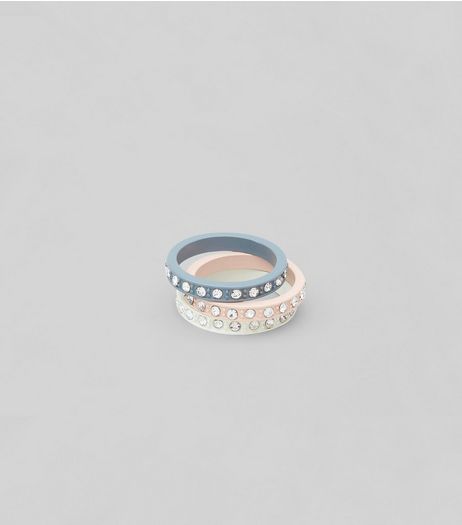 3 Pack White Blue and Pink Diamante Rings | New Look