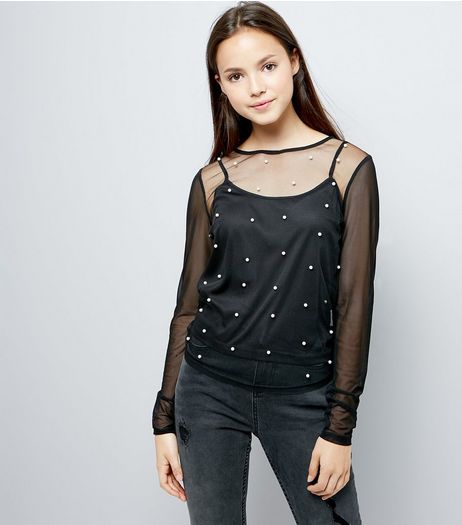 Teens Black Pearl Embellished Long Sleeve Top | New Look