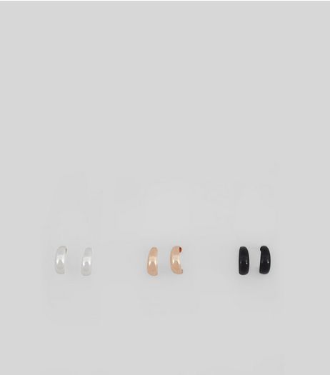 3 Pack Black Silver and Rose Gold Mini Hoop Earrings | New Look