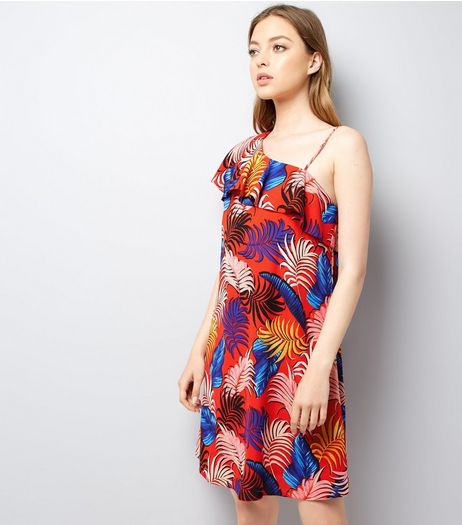 Tall Red Tropical Print One Shoulder Dress | New Look