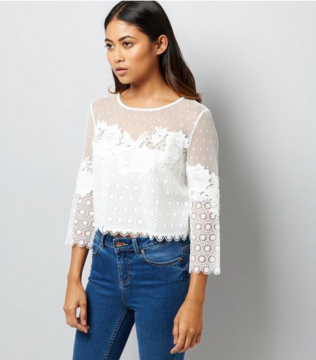 Petite White Spot Mesh Lace Detail Top | New Look