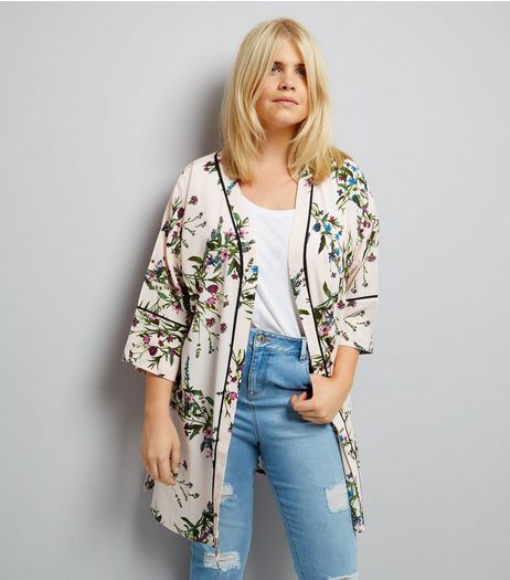 Curves Cream Floral Print Piped Kimono | New Look