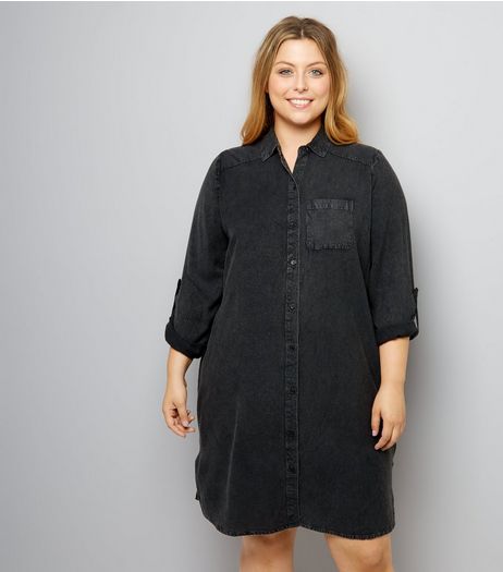 Curves Black Washed Denim Shirt Dress | New Look