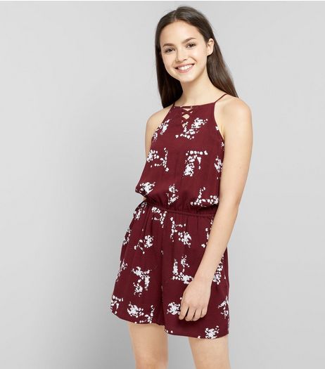 Teens Burgundy Floral Print Lattice Front Playsuit | New Look