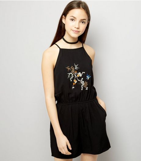 Teens Black Floral Embroidered Playsuit | New Look