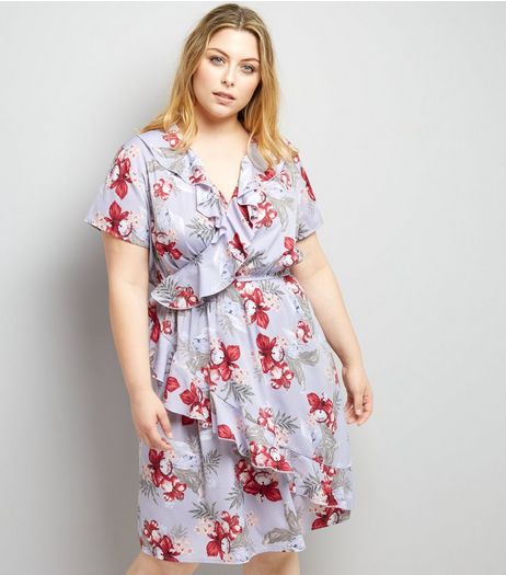 Curves Lilac Floral Print Frill Trim Wrap Dress | New Look