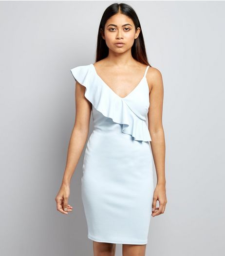 Petite Pale Blue Asymmetric Frill Trim Bodycon Dress | New Look