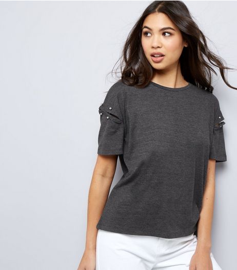 Dark Grey Cut Out Pin Trim Short Sleeve T-Shirt | New Look