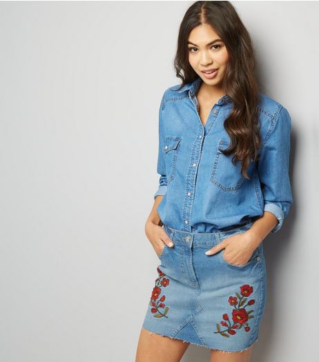 Parisian Pale Blue Floral Embroidered Denim Skirt | New Look