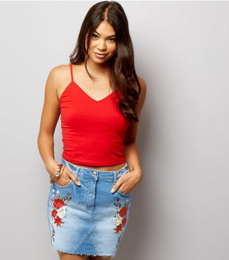 Parisian Pale Blue Rose Embroidered Denim Skirt | New Look