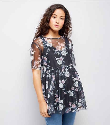 Maternity Black Floral Print Peplum Hem Mesh Top | New Look
