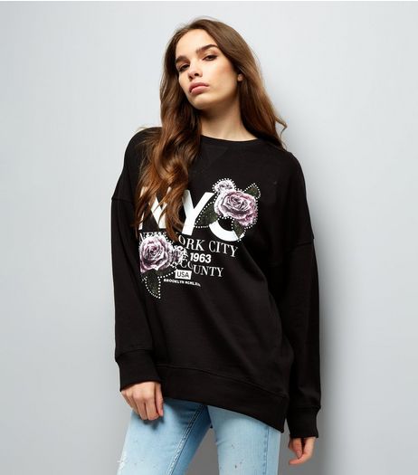 Tall Black Studded Floral NYC Print Sweater | New Look