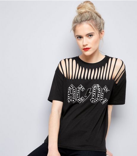 Black ACDC Print Cut Out T-Shirt | New Look